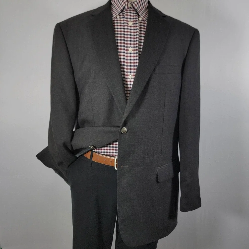 Stafford Men's Sport Coat‎ Blazer Two Button Charcoal Gray Poly Wool Size 46L